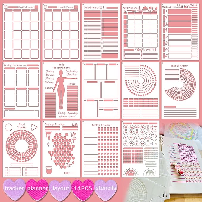 Journal Stencils, 14 PCS A5 Plastic Reusable Multi-Functional Tracker & Planner Stencils for Dotted Journals, Easily to Track Your Daily Life and Create Custom Layout for Dot Journal Notebook