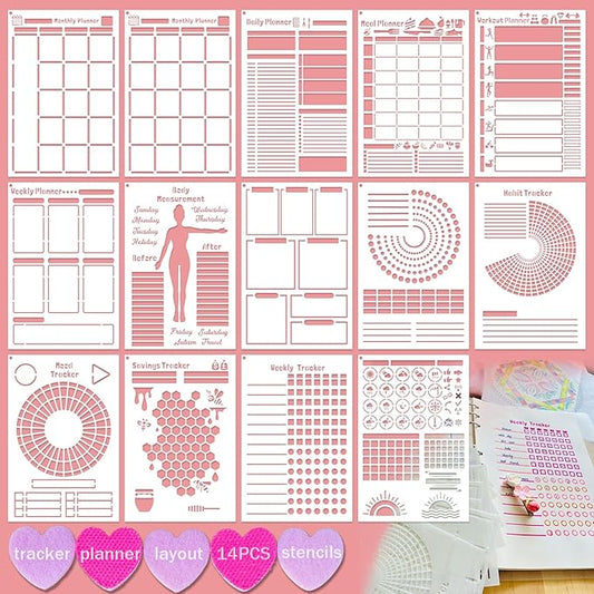 Journal Stencils, 14 PCS A5 Plastic Reusable Multi-Functional Tracker & Planner Stencils for Dotted Journals, Easily to Track Your Daily Life and Create Custom Layout for Dot Journal Notebook