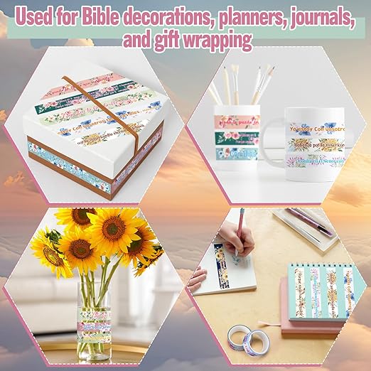 Janlaugh 24 Rolls Christian Washi Tape for Bible Journaling Gifts Bulk Religious Inspirational Scripture Supplies Spanish Floral Bible Verse Washi Tape for Study Crafting Spring Valentine's Day Gifts