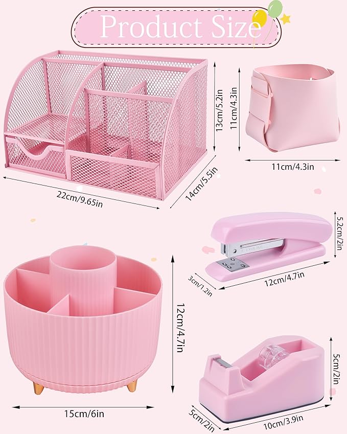 Pink Desk Accessories and Organizers with Desk Organizer and 360°Rotating Pen Holder stapler Pen and a Lot of Office Pink Office Supplies Beautifully Presented in a Gift Box