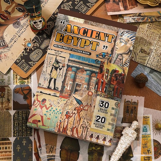 Pre-Cut Vintage Stickers for Journaling, 500+ Scrapbook Stickers and 20 A5 Scrapbook Papers, Retro Egypt Theme Aesthetic Washi Sticker Book for Adults, Ephemera for Junk Journal Supplies DIY Crafts