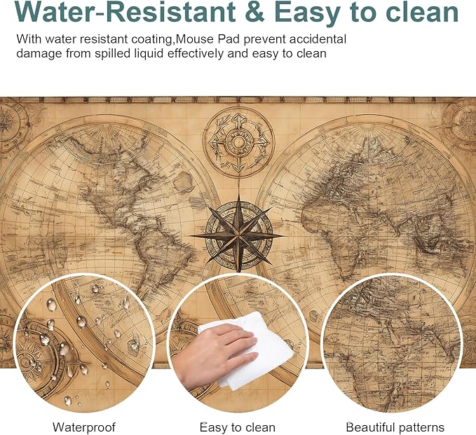 Vintage World Map Extended Gaming Mouse Pad 35.4 x 15.7 Inch – Retro Desk Mat for Gaming, Office Work, and Study, with Non-Slip Rubber Base