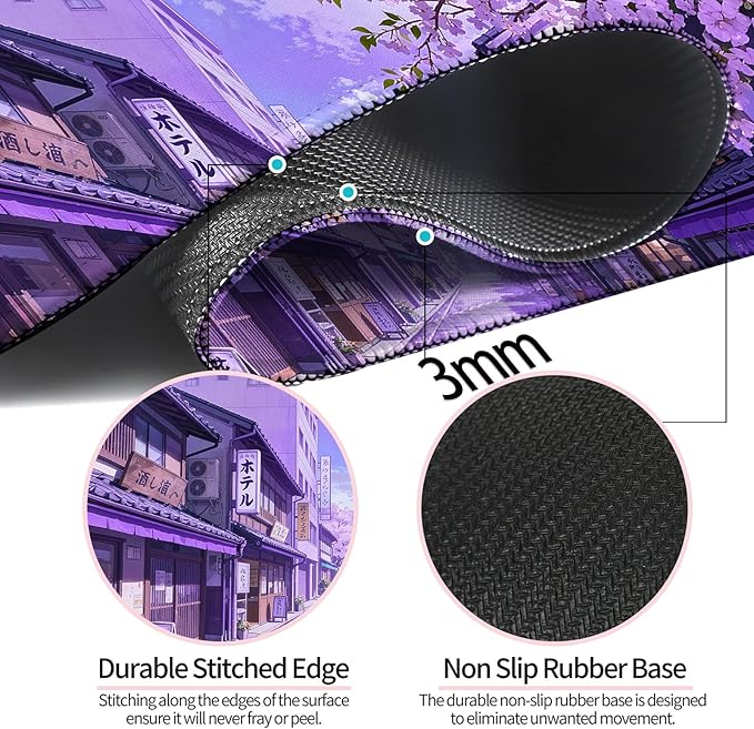 Japanese Anime Purple Cherry Blossom Street XL Large Desk Mat, Extended Long Desk Pad for Gaming and Office, Non-Slip Rubber Base, Comfortable Surface Mouse Pad, 31.5x11.8 in (H16)