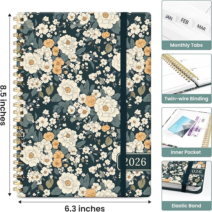 2026 Planner, Weekly and Monthly Calendar Planner for Women, Jan 2026 - Dec 2026, Hardcover Planning Agenda book with Tabs, Spiral Bound, Inner Pocket, Perfect for School Office Supplies, 6.3" x 8.5" - Classic Floral