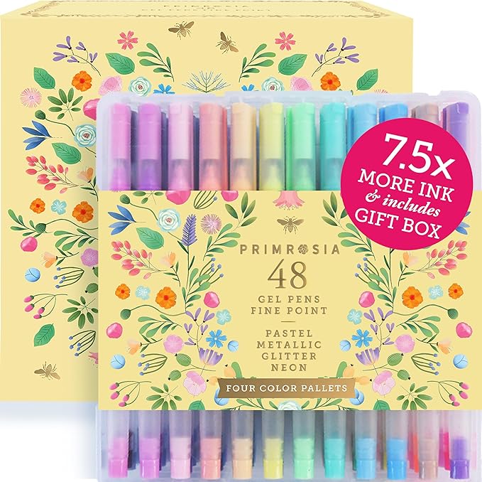 Primrosia 48 Gel Pens, inc. Metallic, Pastel, Glitter & Flourescent for Adult Coloring Book & Bullet Journal Pens. No-Bleed-Through in a Variety of Shades, 7.5x More Ink Fine Point Markers Set