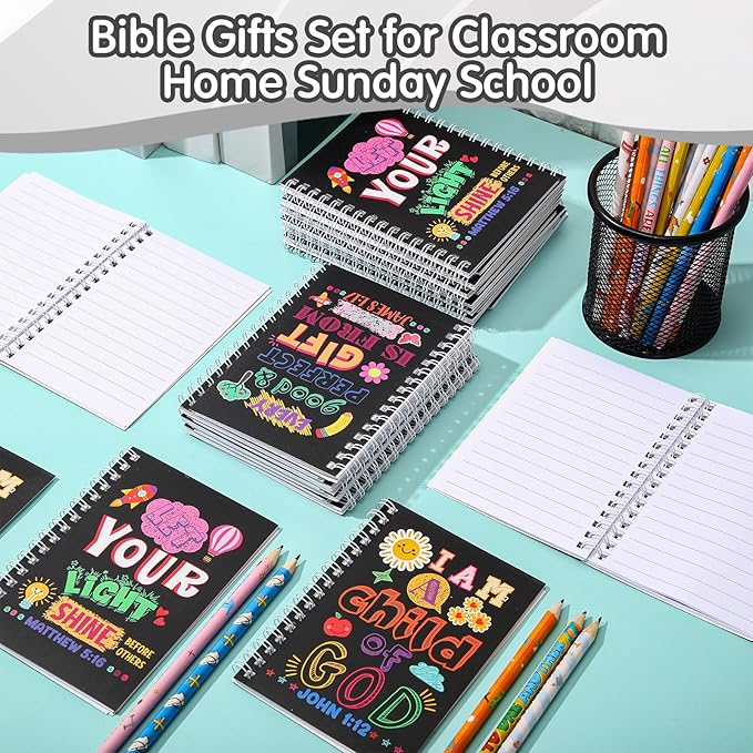 Crtiin Easter 48 Pcs Include 24 Bible Verse Notepad 24 Pencils Kids Christian Church Gifts Students Classroom Award Religious Notebook Bible Pencils Prayer Pocket School(Black Jesus,Black)