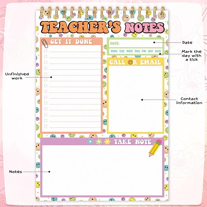 To Do List Pad - Spiral Bound Daily Tear Off Planner Notepad Undated with Checklist, 52 Sheets Vertical Design for Teachers, Office, Students, Appreciation Christmas Gifts (Retro Floral)