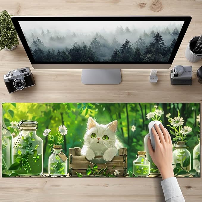 Cat XL Mouse Pad 31.5 x 11.8 Inch Gaming Mousepad Diatomite Large Keyboard Mouse Pad for Home and Office Desk Accessories with White Cat Garden Scene