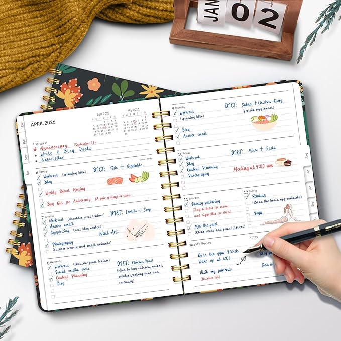 2026 Planner, A5 Weekly and Monthly Planners with Tabs, Spiral Bound Daily Calendar 2026 Planner, Agenda Organizers from Jan. to Dec., Hardcover Habit Tracker Journal 6.18" x 8.5"(Orange Flower)