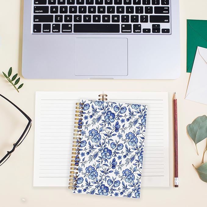 BearCake Floral Chinoiserie Grandmillennial Notebook Journal, Blue Floral Aesthetic Notebook, Chinoiserie Journal, Blue Aesthetic Office Supplies, Notebooks for Work, Hardcover Spiral Notebook 5.5x8.3
