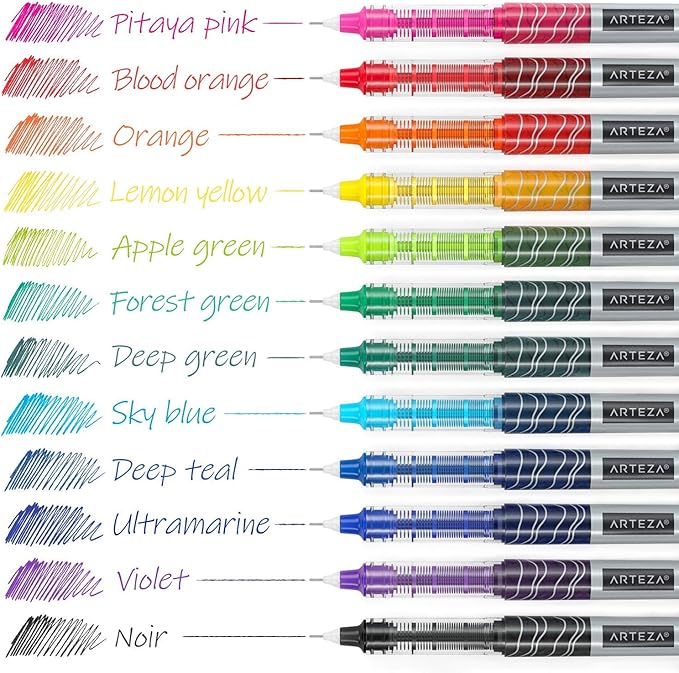 ARTEZA Rollerball Pens Fine Point, Set of 24 Colored Pens with Liquid Ink, Extra Fine 0.5 mm Needle Tip Pen
