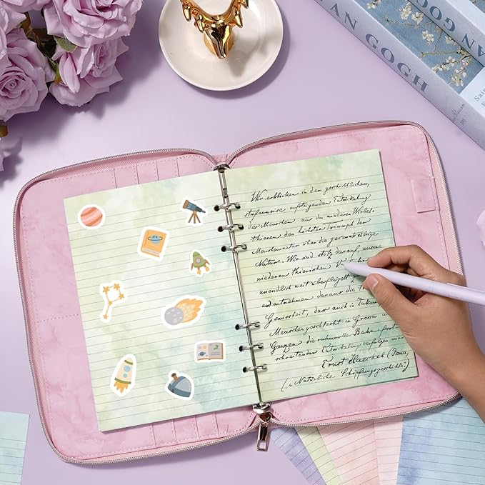 100 Sheets Gradient A5 Refill Papers for Planner Binder Insert with Pink Pu Leather Binder Cover, Refillable 6 Ring Binder Journal with 120GSM Thick Watercolor Notebook Filler for Girls Women