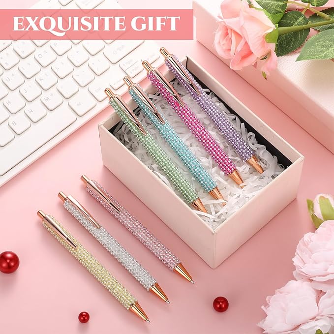 Sherr 7 Pcs Fancy Pens for Women Cute Sparkly Glitter Pens with 10 Pcs Black Ink Refills Pretty Gifts for Girls Office School Christmas Graduation(Pearl)