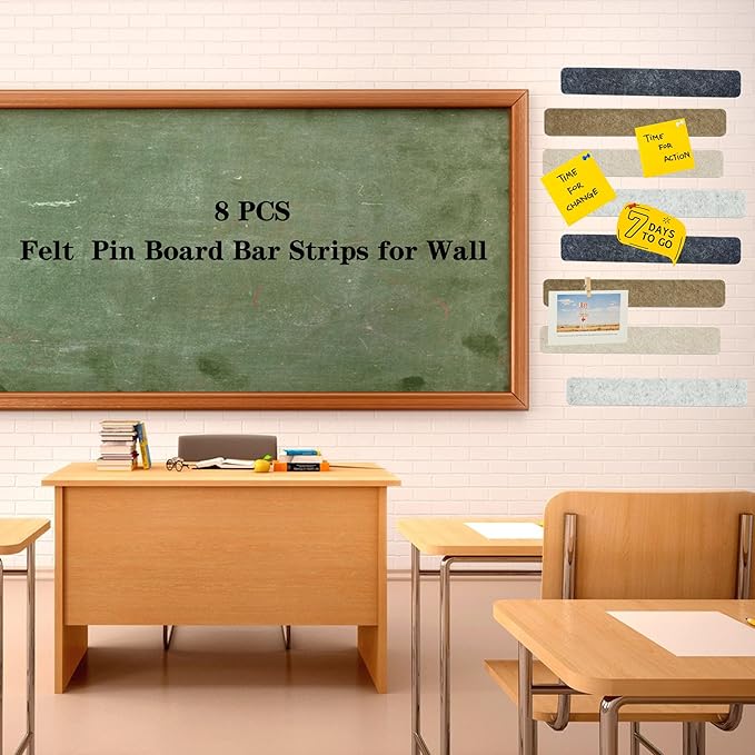 8Pcs Bulletin Board Strips,Black Brown Gray Felt Pin Board Bar Strips with 50 Pushpins, Self-Adhesive Felt Cork Board Strips for Wall to Display Your Notes, Photos, Schedules, Announcements