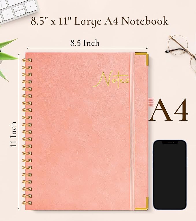 Hardcover Spiral Notebook Journal 8.5” x 11”, A4 Large Leather Notebooks for Women Men, Lined College Ruled Notebook, 100 GSM Paper, Spiral Bound Journals for Work School Note Taking Business, Pink