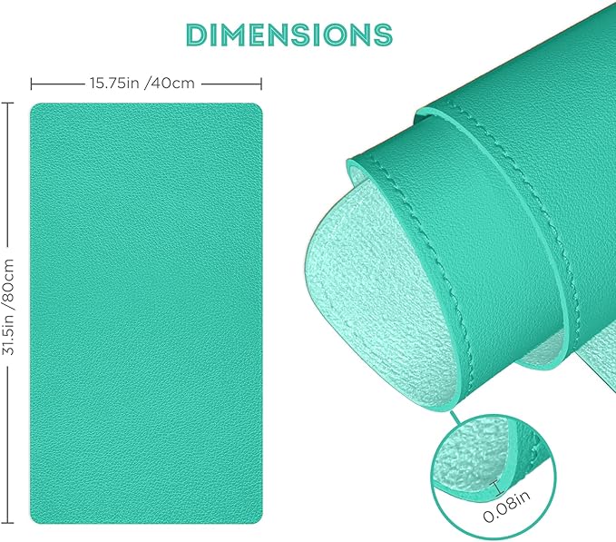 FTC PU Leather Desk Pad & Desk Blotter, Non-Slip Flannelette Base, Stitched Desk Mat for Keyboard, Mouse & Writing, Home or Office (Turquoise, 31.5” x 15.75”)