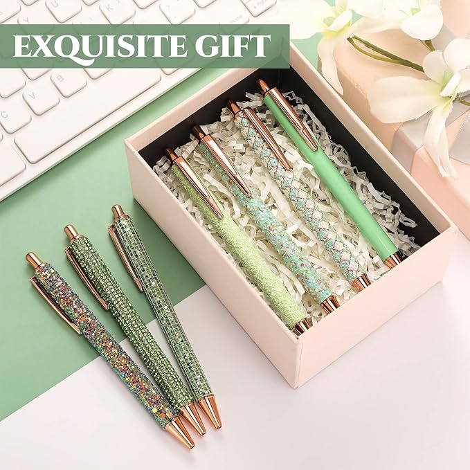 Sherr 7 Pcs Fancy Pens for Women Cute Sparkly Glitter Pens with 10 Pcs Black Ink Refills Pretty Gifts for Girls Office School Christmas Graduation(Fresh)