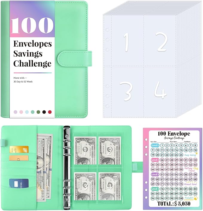 Sooez 100 Envelopes Money Saving Challenge, Savings Challenges Book with Envelopes, Flexible Saving $5050, $2600, $300, Savings Binder with 100 Pocket Pre-Number & Reusable Laminated Tracker