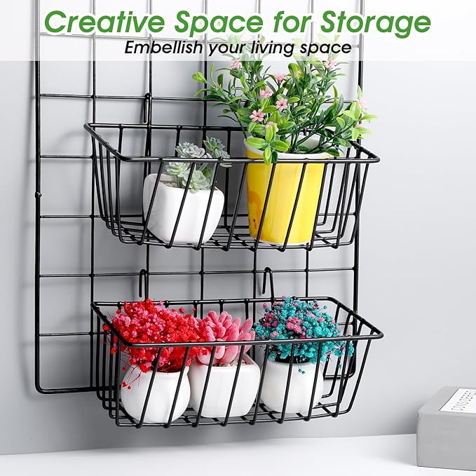 6 Pack Wire Baskets, Hanging Basket for Wall Grid Panel Organizing, Display Wall Baskets for Kitchen, Home Decor, Grid Accessory, Black