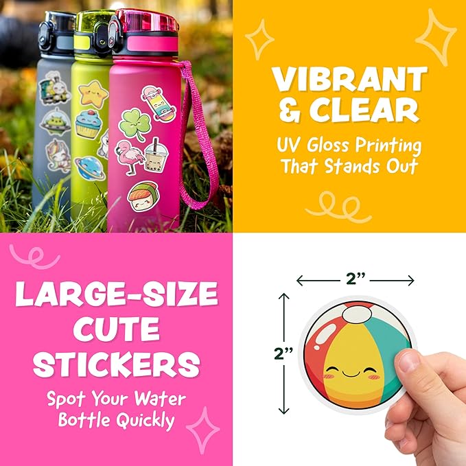 Cute Stickers for Kids - Kawaii Water Bottle Stickers for Teens - 108pc Sticker Pack - Waterproof Vinyl Stickers for Water Bottles, Scrapbook, Laptops - Valentine Stickers for Kids Classroom, Gifts