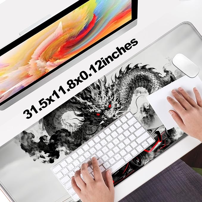 Gray Dragon and Cool Sport Car XL Large Desk Mat, Extended Long Desk Pad for Gaming and Office, Non-Slip Rubber Base, Comfortable Surface Mouse Pad, 31.5x11.8 in (H19)