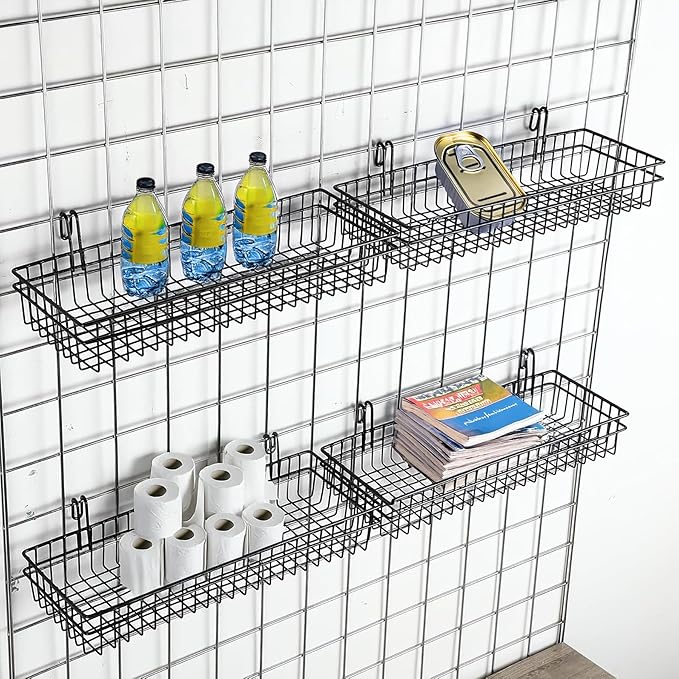 4 Pack 15.75 x 6 x 2.36 Inch Metal Grid Wall Baskets with Hooks, Hanging Wire Grid Basket, Multi-Function Wall Mounted Organizer for Kitchen Organizing Display, Black