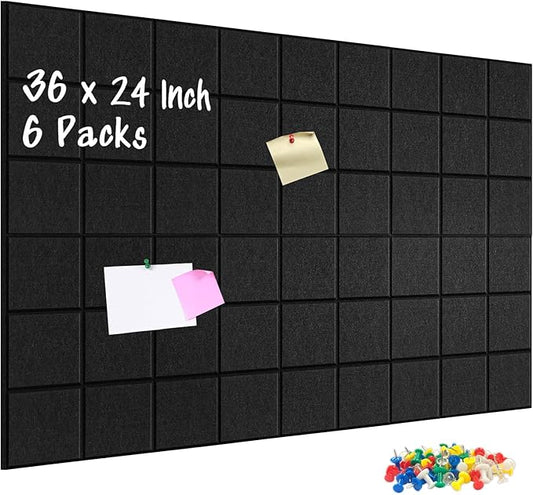 DOLLAR BOSS Felt Cork Board Tiles, 6 Packs 12" x 12" 1/2" Thick Bulletin Board Adhesive Acoustic Panels Soundproof Corkboards for Walls with 60 Pushpins for Home Office Kitchen School, Grid