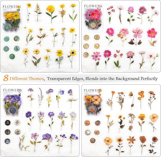 320PCS Pre-Cut Floral Stickers Set Small Flower Decal Journal Stickers PET Flower Sticker for Adult Card Making Letters DIY, Double Blade Line-Easy to Peel