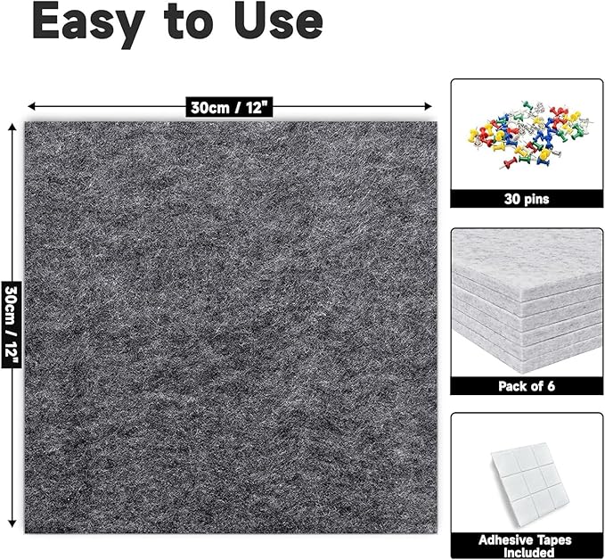Cork Board for Walls 36" x 24", 6 Pack Felt Bulletin Board Wall Tiles with 30 Push Pins for Home Kitchen School Office Wall DIY Decorative