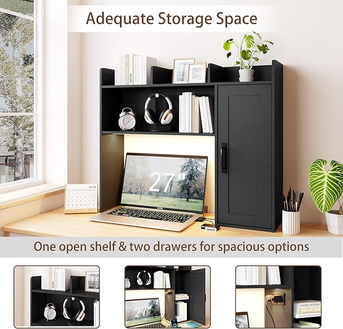 Desktop Bookshelf, Wooden Desk Hutch with LED Lights, Desktop Shelf with 6 Shelves and Power Outlets, Office Desk Organizer, Over Desk Storage Shelves for Dorm, Home, Black