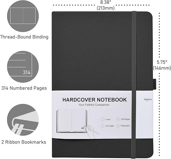 Lined Journal Notebook - 320 Numbered Pages, 100gsm Thick Paper Journals, A5(5.75"x8.38") Hardcover Leather, College Ruled Notebook for Women Men Work Writing, Bullet Journaling, Drawing, Black