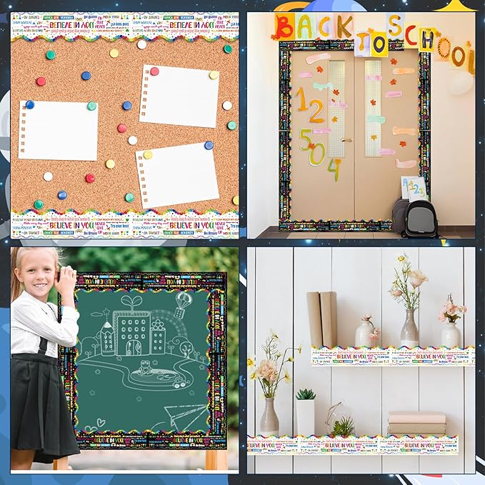 2 Rolls Inspirational Quote Bulletin Board Borders, 65.6 Ft Motivational Scalloped Trim Growth Mindset Straight Decorative Border Trim for Back to School Classroom Wall Chalkboard Decor