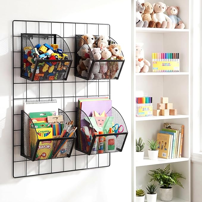4 Pack Grid Wall Baskets Metal Wire Storage Basket Hanging Wall Mount Bins Containers Accessories for Organizing Storage Display Kitchen Office Garage Home Bathroom, Black