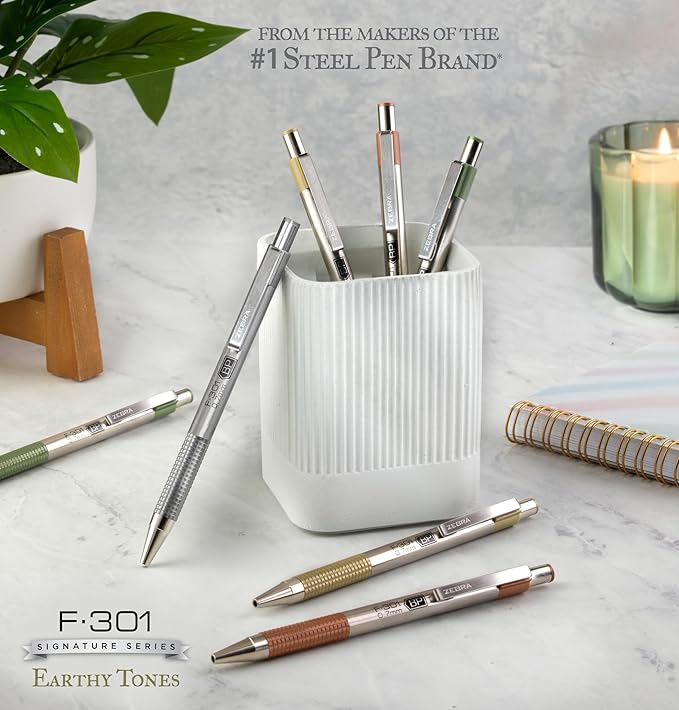 Zebra Pen F-301 Signature Series Retractable Ballpoint Pen, 0.7mm, Black Easy-Glide Ink, Stainless-Steel Barrel with Sage Earth Tone Accents, Ideal for Office, Journal and Planner Use, 4-Pack (27244)