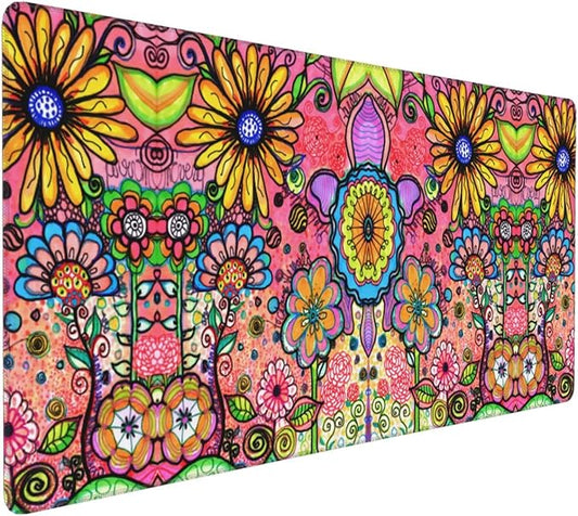 Extra Large Mouse Pads Hippie Flowers XXL Extended Mousepad with Stitched Edges Non-Slip Rubber Base Computer Keyboard Pad Desk Mat for Home Office Desk Decor, 35.4" X 15.7"