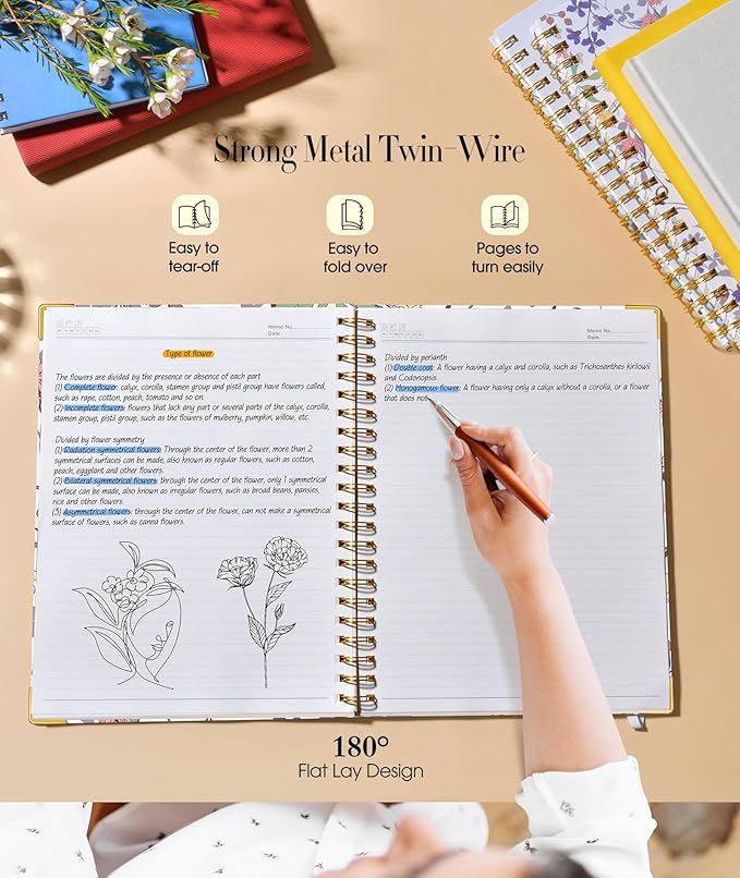 Cute Spiral Notebook Journal for Women, 200 Pages Lined Notebooks 8.5” x 11”, A4 Large Hardcover Spiral Journals with 100 GSM Thick Paper, College Ruled Notebook for Writing Work School, Purple Floral