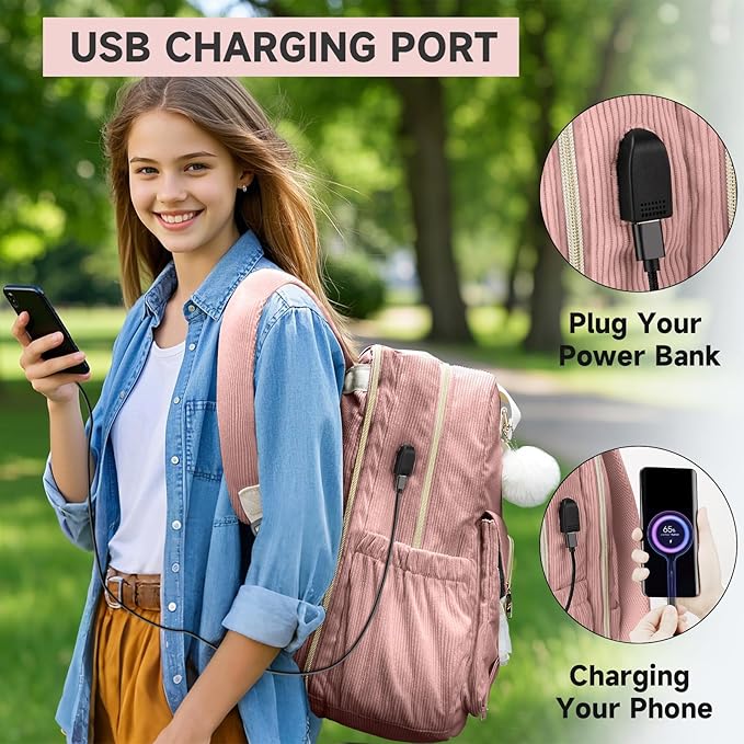 MATEIN Laptop Backpack for Women, Cute Corduroy Computer Backpack with USB Charging Port & Water Bottle Holder, TSA Lightweight Aesthetic Bag Work Business Backpack College Teacher Bags, Pink