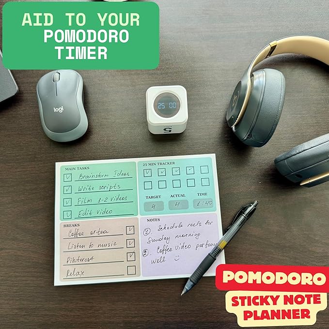 The Pomodoro Technique Planner Sticky to Do List | Addition to Pomodoro Timer | 8"x6" Productivity Goal Planning Notepad | Organization Products for Work and Study Journal