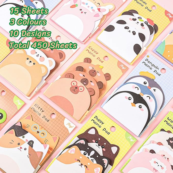 Cute Sticky Notes, 10 Pack 450 Sheets Cartoon Animal Sticky Notes Kawaii Mini Animals Shape Markers Flags Self-Stick Memo Pads for Adult Home Office Roommates Gifts Tab Suppliess