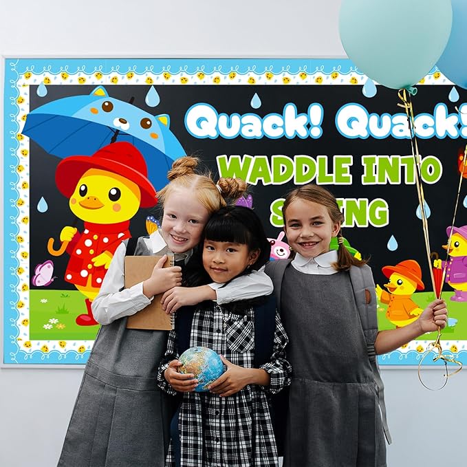 Spring Bulletin Board Decoration Set, Yellow Duck Quack Classroom Decorations Duck Butterfly Umbrella Cutouts March April Library School Nursery Home Window Wall Chalkboard Door Decor for Teacher