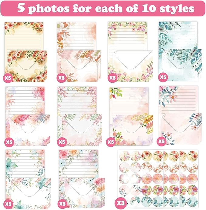 160 Packs Lined Stationery Paper Set (50 Single-Sided Stationery Writing Papers 50 Matching Envelopes) 60 Round Dot Sticker, 10 Designs Vintage Stationary Paper Kit,5.5 x 8.25 Inch. (Vintage Flower)
