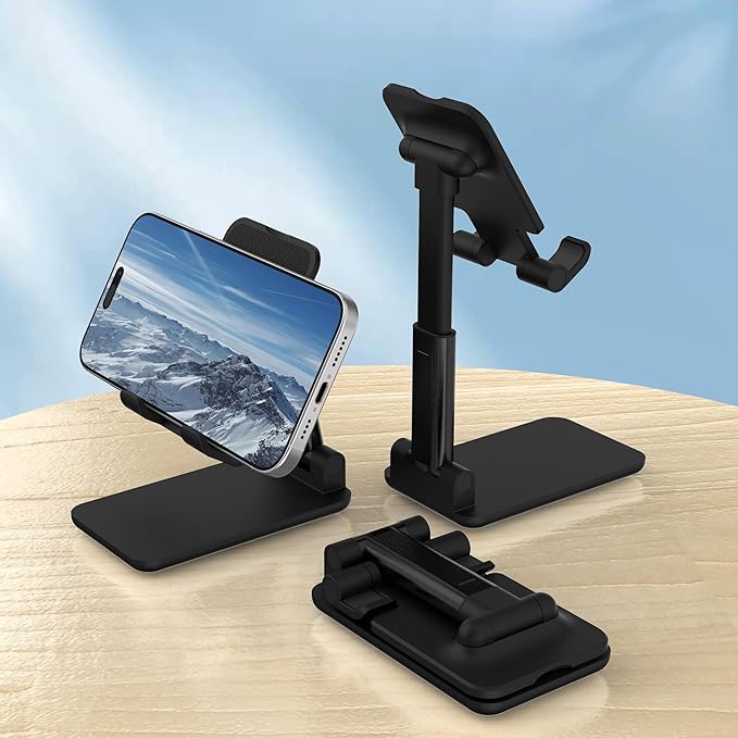 Cell Phone Stand, Adjustable Angle and Height Cell Phone Holder for Desk, Foldable and Portable, Anti-Slip Silicone Pad, Compatible with All Mobile Phones and 4-8 Inch Devices (Black&White)