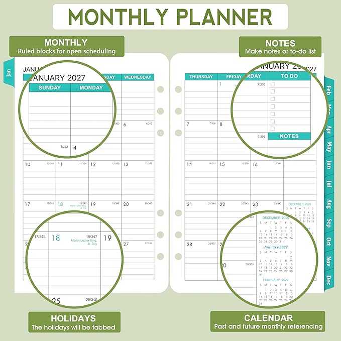 2026-2028 Monthly Planner Refill - Planner Inserts with 7-Hole Punched, 5-1/2" x 8-1/2", July 2026 to June 2028, Two Pages Per Month, 2026-2028 Calendar with Monthly Tabs