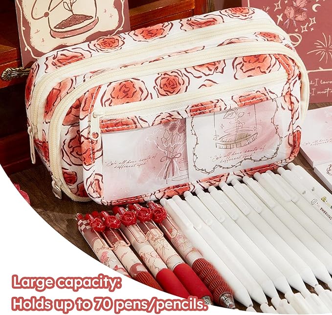 Rose Large Pencil Case Pouch Coquette Aesthetic Floral Big Stationery Bag with 50pcs Rose Stickers for Office College Makeup Adults