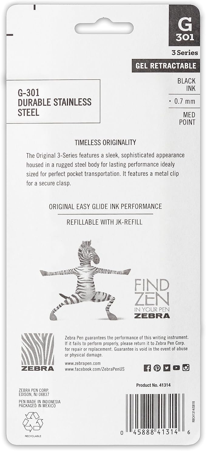 Zebra Pen G-301 Retractable Gel Pen, 0.7mm Medium Point, Stainless Steel Barrel, Textured Grip, Easy Glide Ink Provides a Smooth and Skipless Writing Experience, Black Ink, 4-Pack (41314)