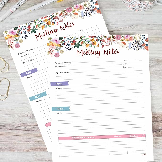 mudrit Meeting Notes Pad - Topics, Takeaways, Action Items & Follow-Ups - Undated Meeting Notes Agenda Organizer 53 pages, Tear Off Book - 8.5" x 11" inches