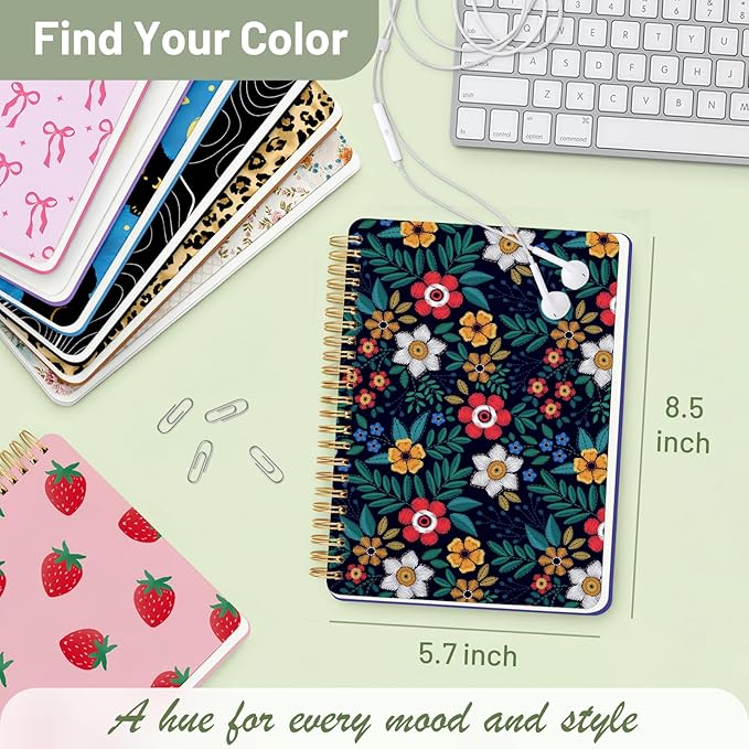 Stanoha Cute Spiral Notebook A5 Journal for Women Girls Kawaii Aesthetic Pretty Floral Design with Pocket, 8.5 x 5.7 inch, Line, Dark Flower