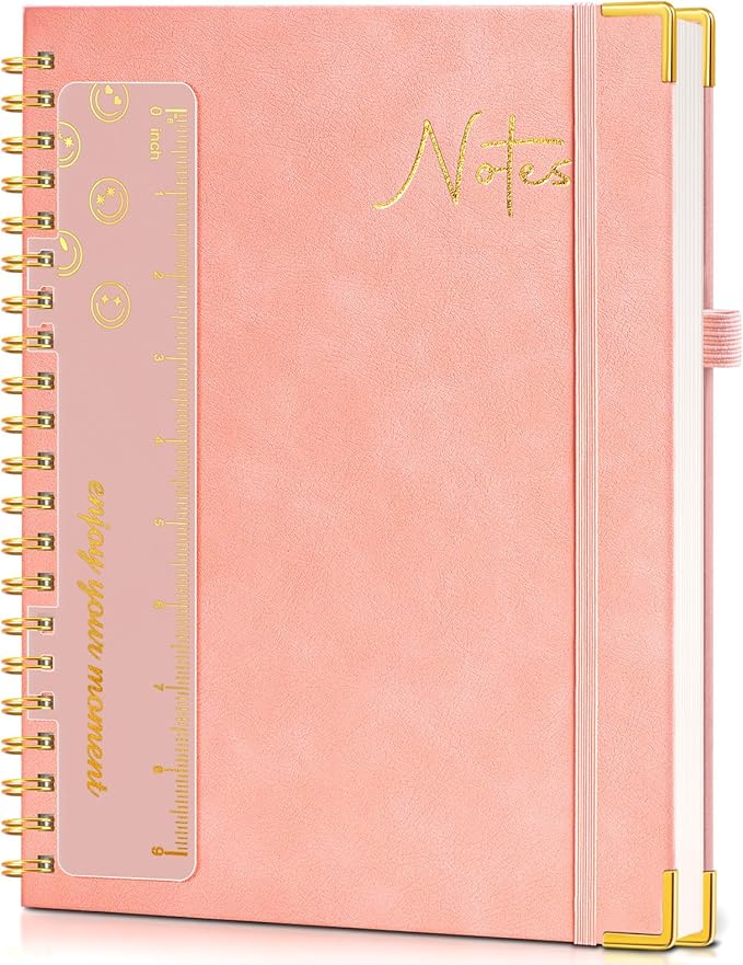 Hardcover Spiral Notebook Journal 8.5” x 11”, A4 Large Leather Notebooks for Women Men, Lined College Ruled Notebook, 100 GSM Paper, Spiral Bound Journals for Work School Note Taking Business, Pink