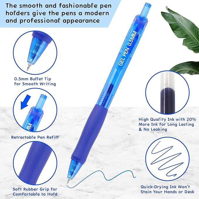 USUAL Gel Pens 0.5 mm,12 Pack Retractable Blue Ink Pen Fine Point Rollerball Pens,Quick Dry Smooth Writing,No Bleed for Journaling Note Taking, Home School Office Supplies