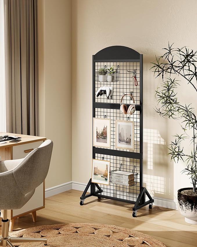 Grid Wall Panel 5.7’ x 2’ FT Grid Display Rack, Movable Gridwall Display Stand with Wheels, Sturdy Floorstanding Wire Grid Rack with 4 S-Shaped Hooks and 4 Garment Hooks, Black TCJ17BB